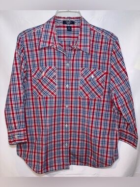 Chaps Plaid Button Down 3/4 Sleeve Red White & Blue Size XL